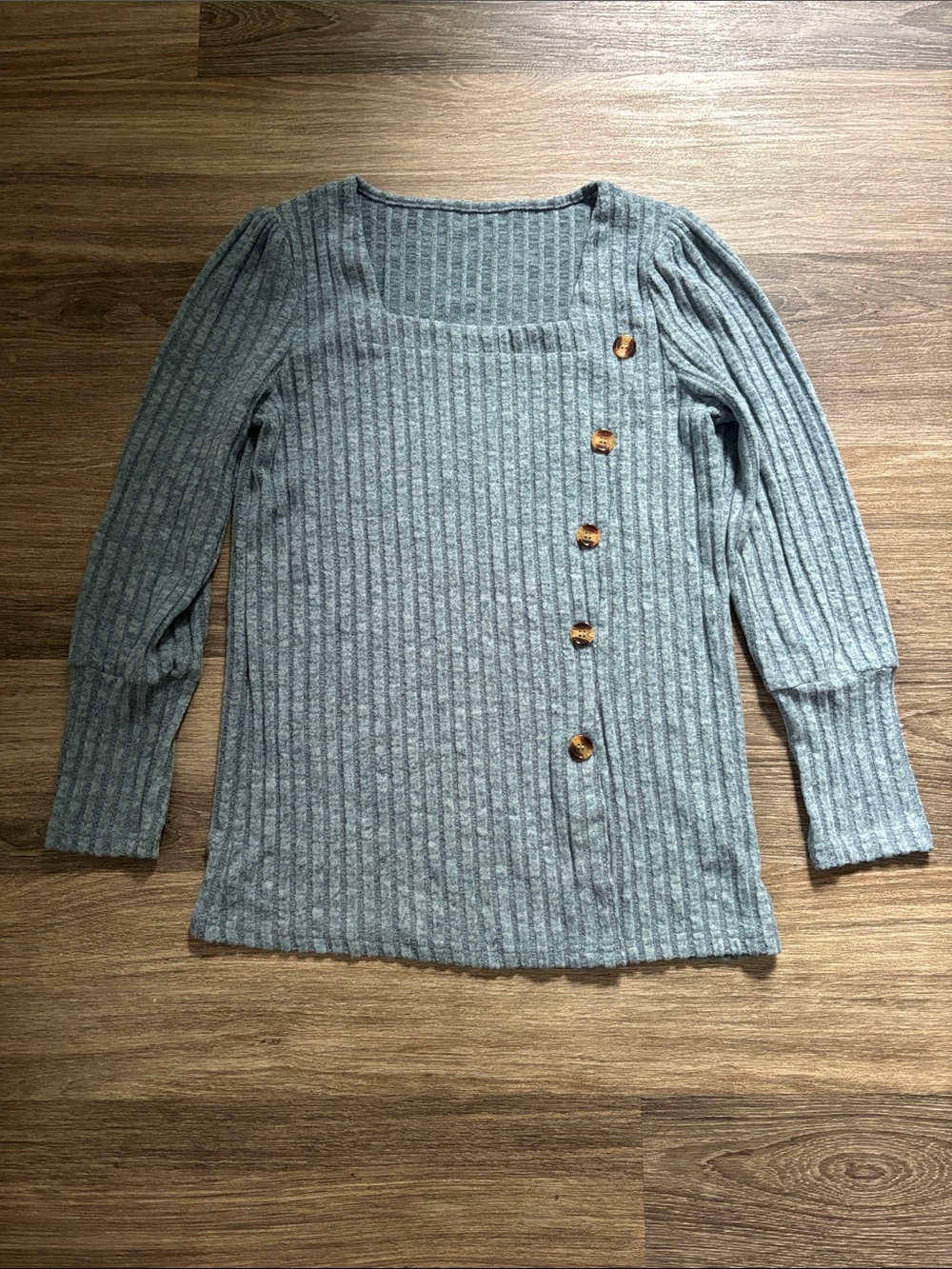 Light Gray Ribbed Knit Top with Side Button Detail